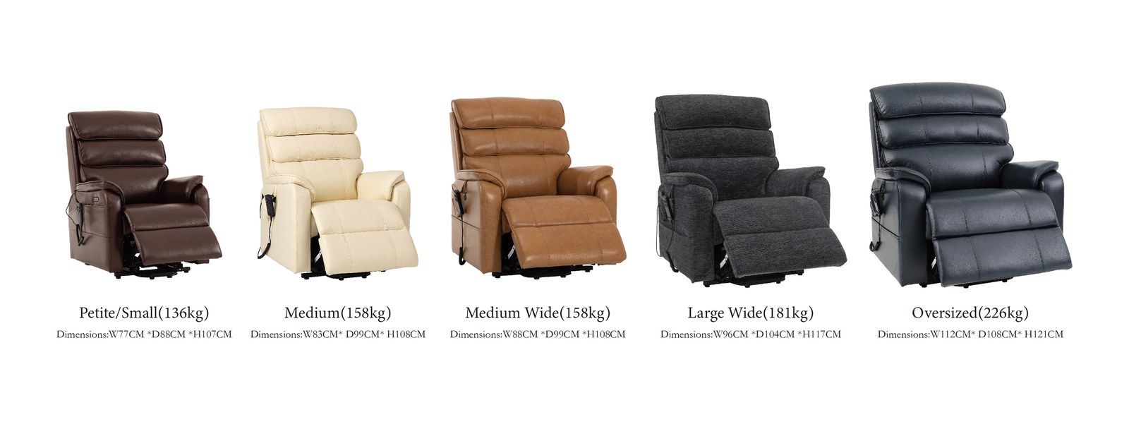 9188 lift recliner size range — five sizes from Petite (136 kg) to Oversized (226 kg)